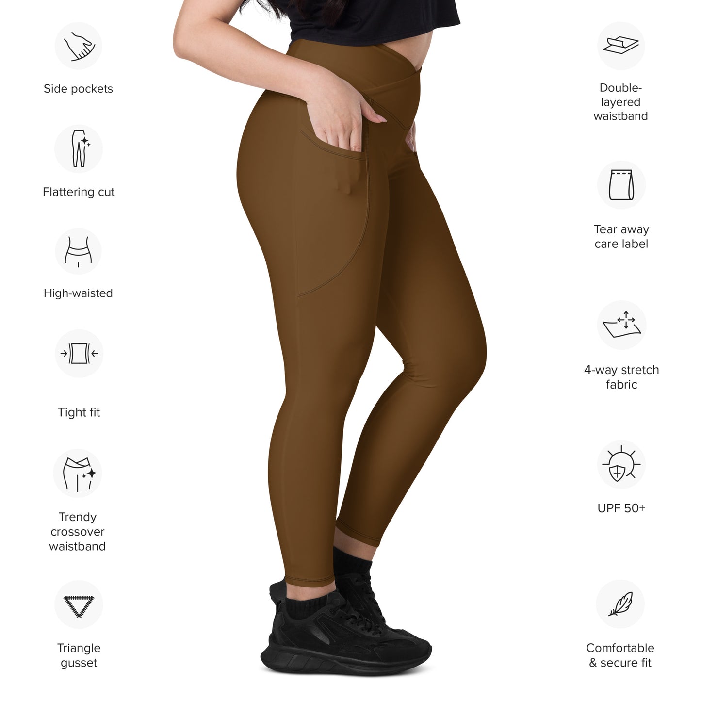 Brown Crossover leggings with pockets