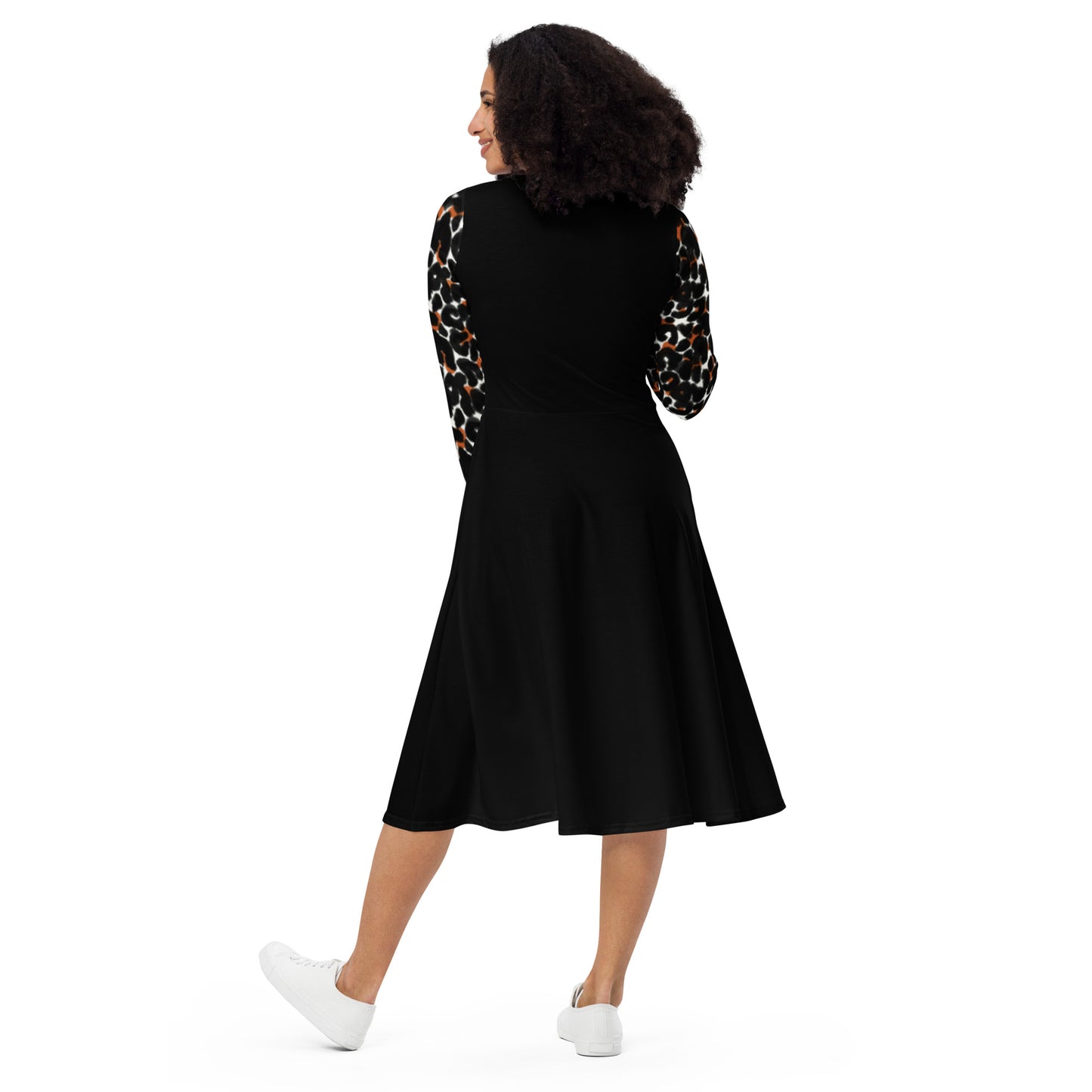 Black long sleeve leopard print midi dress