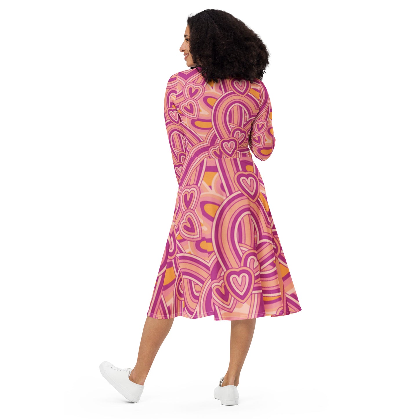 All-over Heart print long sleeve midi dress