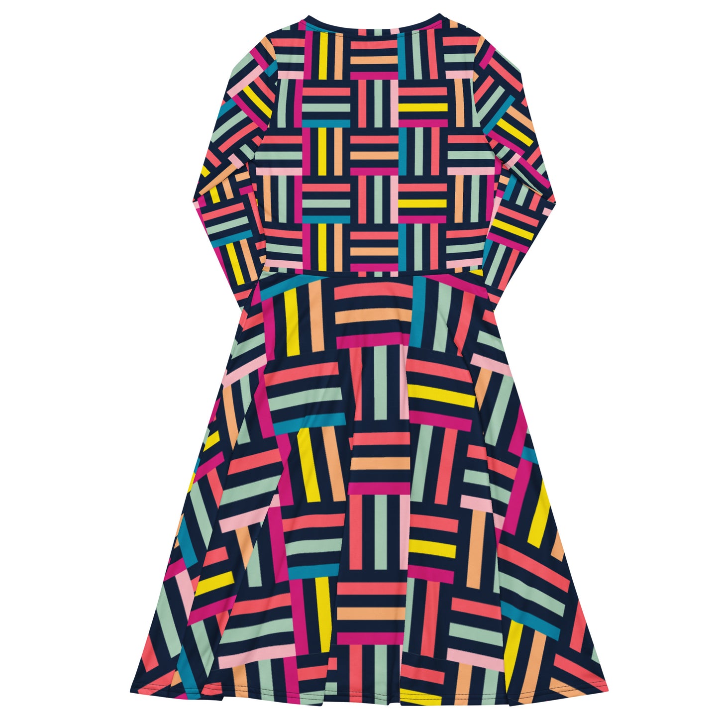 Colourful grid print long sleeve midi dress