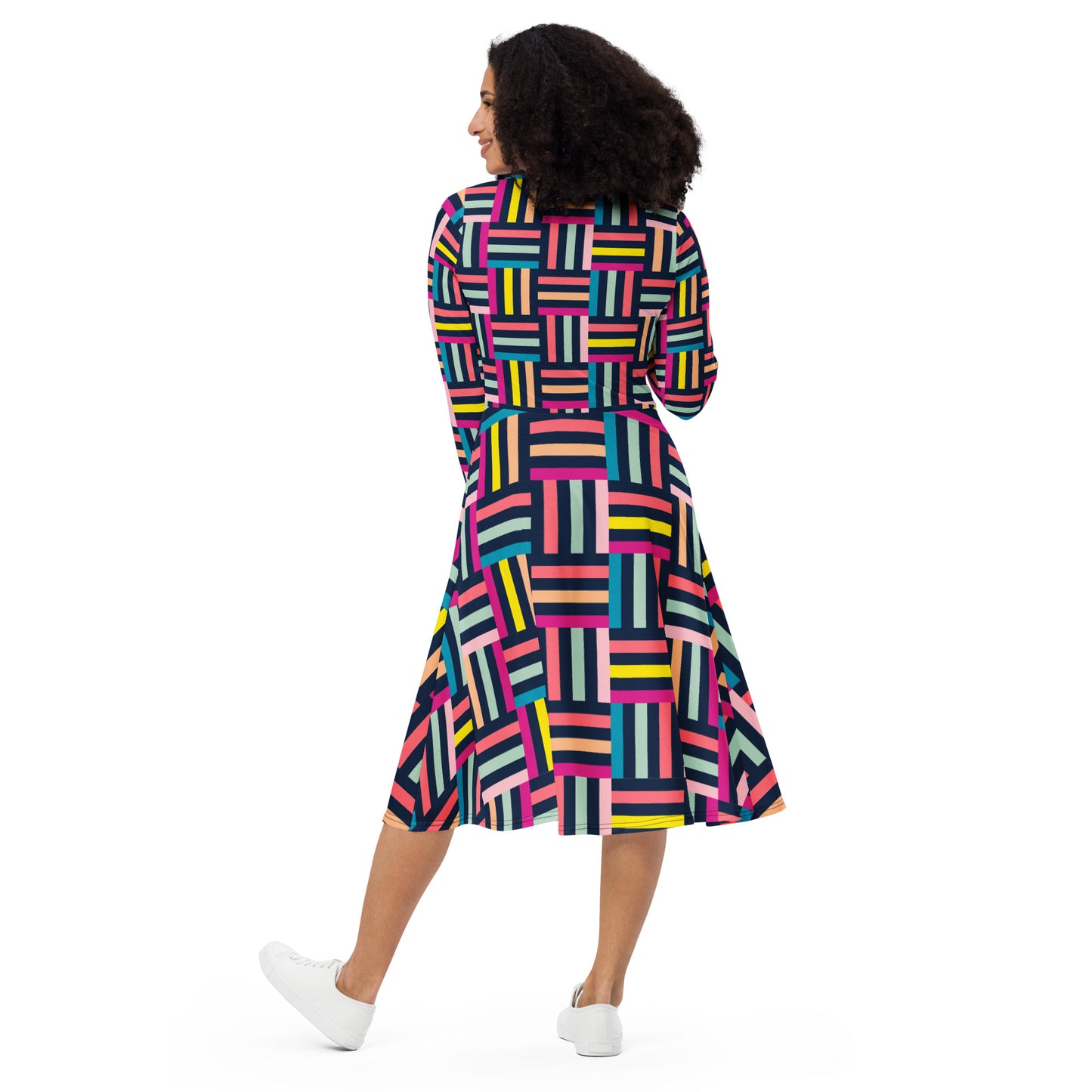 Colourful grid print long sleeve midi dress