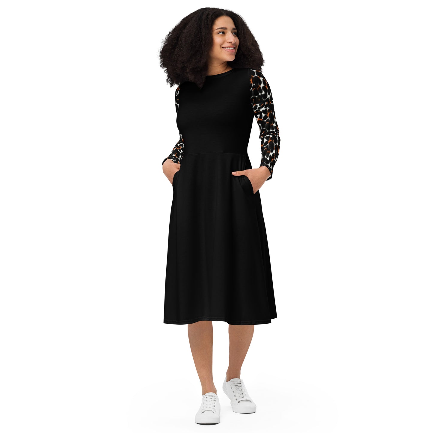 Black long sleeve leopard print midi dress