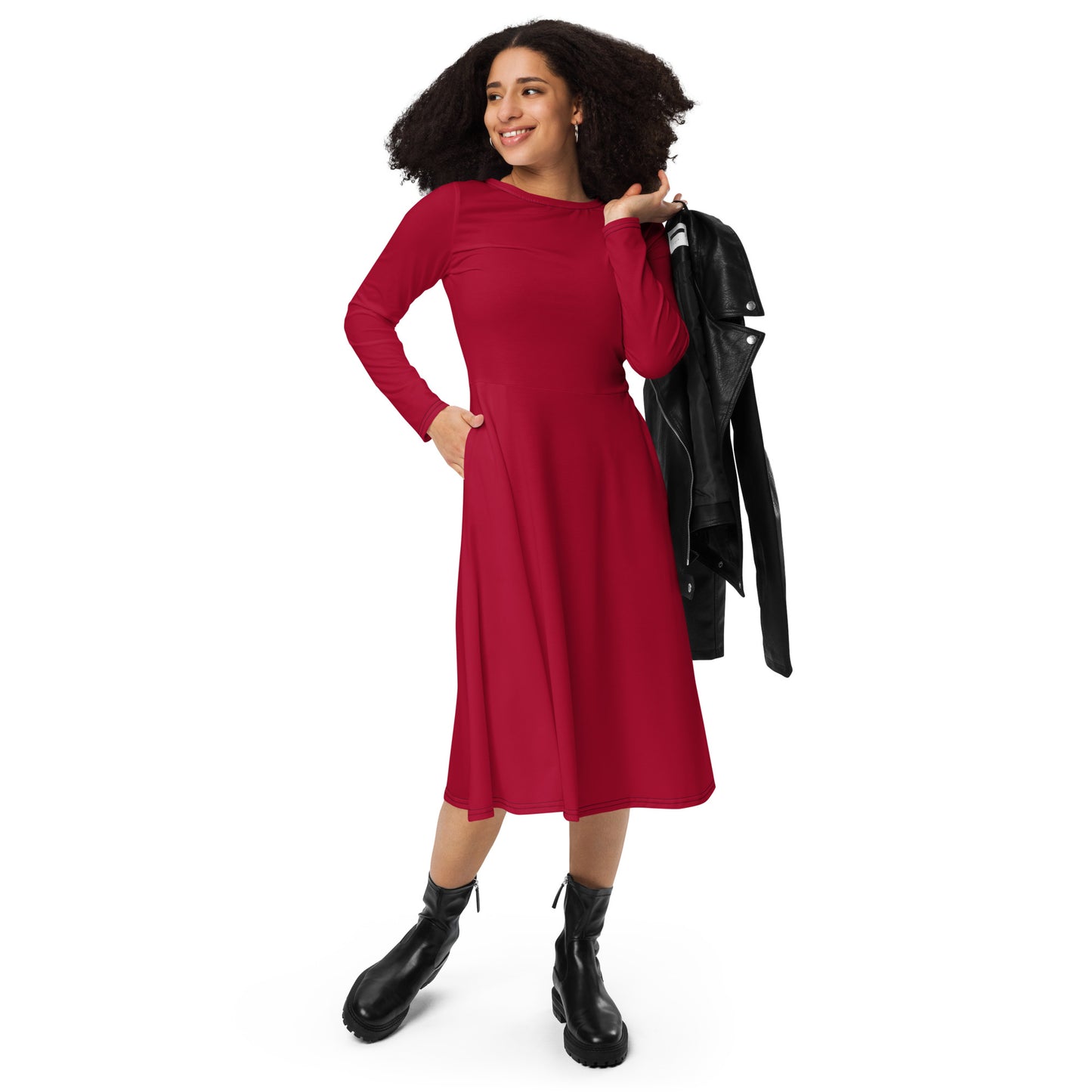 Carmine Red long sleeve midi dress