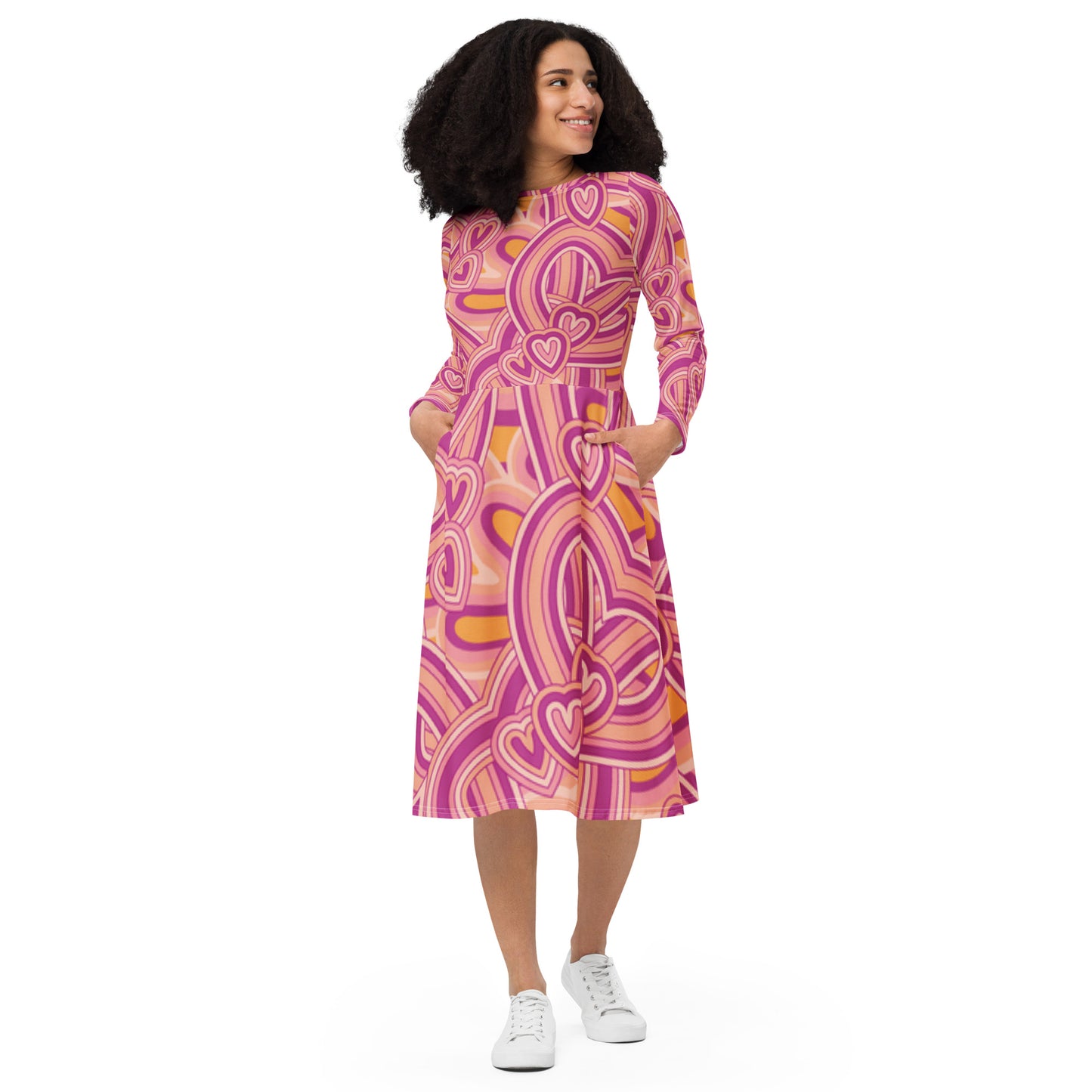 All-over Heart print long sleeve midi dress