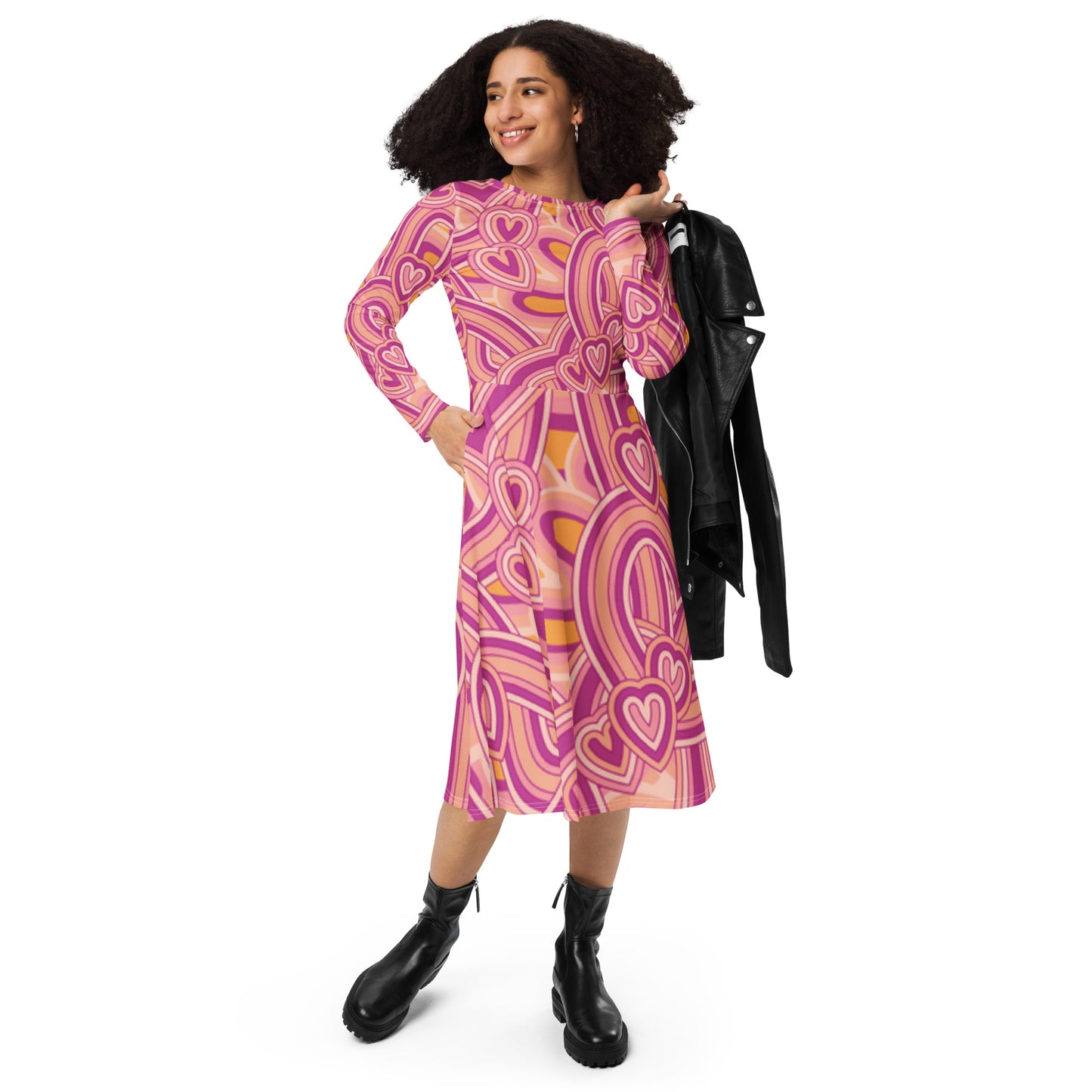 All-over Heart print long sleeve midi dress