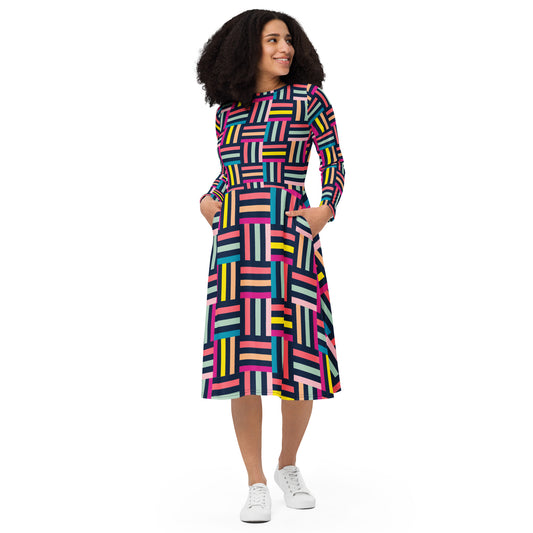 Colourful grid print long sleeve midi dress