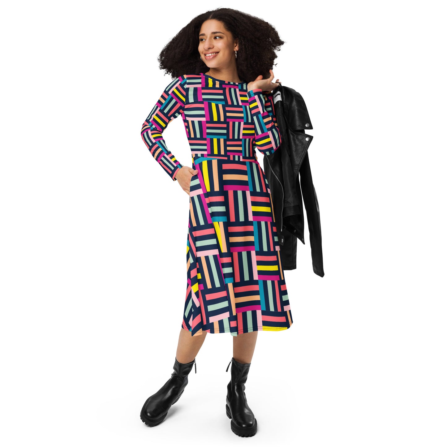 Colourful grid print long sleeve midi dress