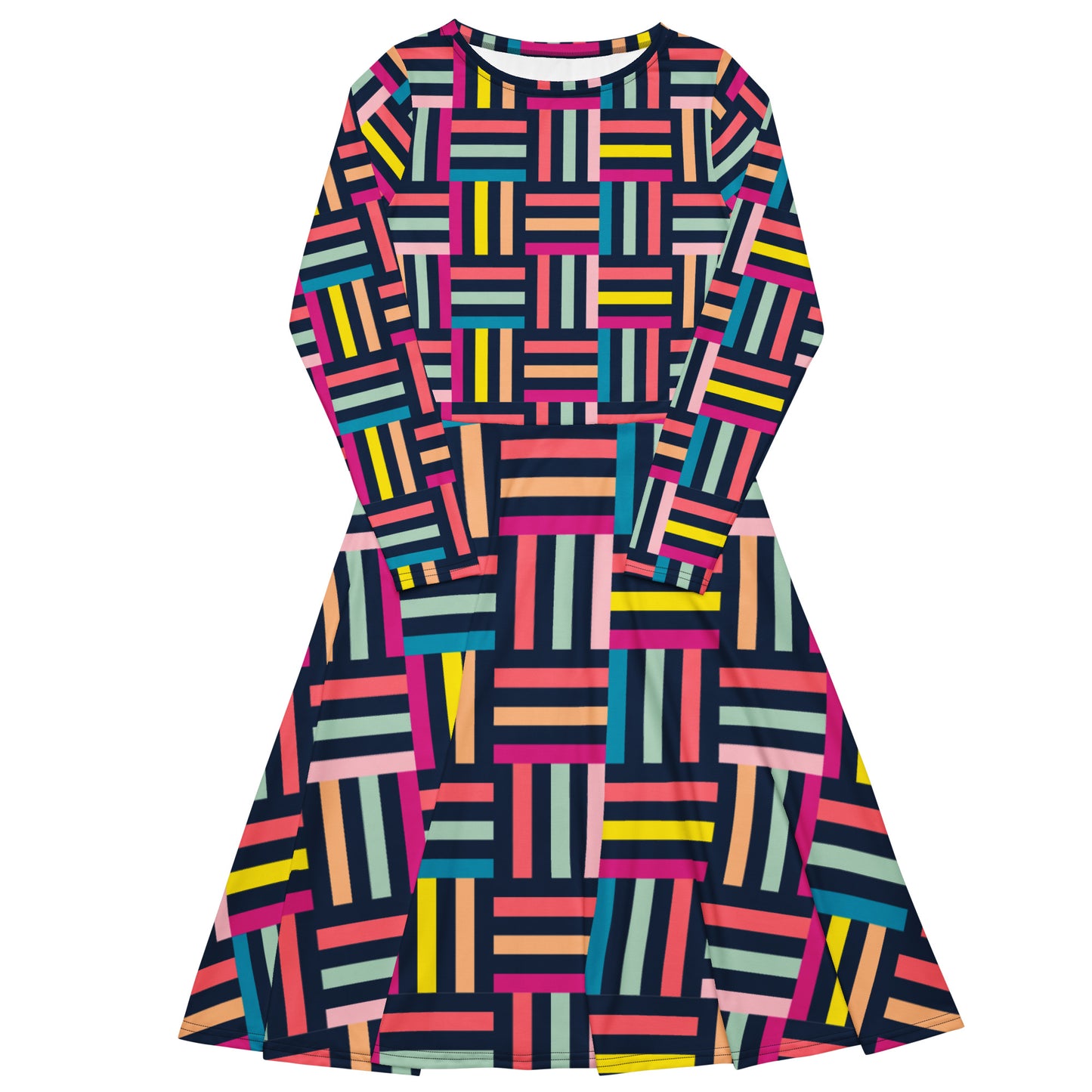 Colourful grid print long sleeve midi dress