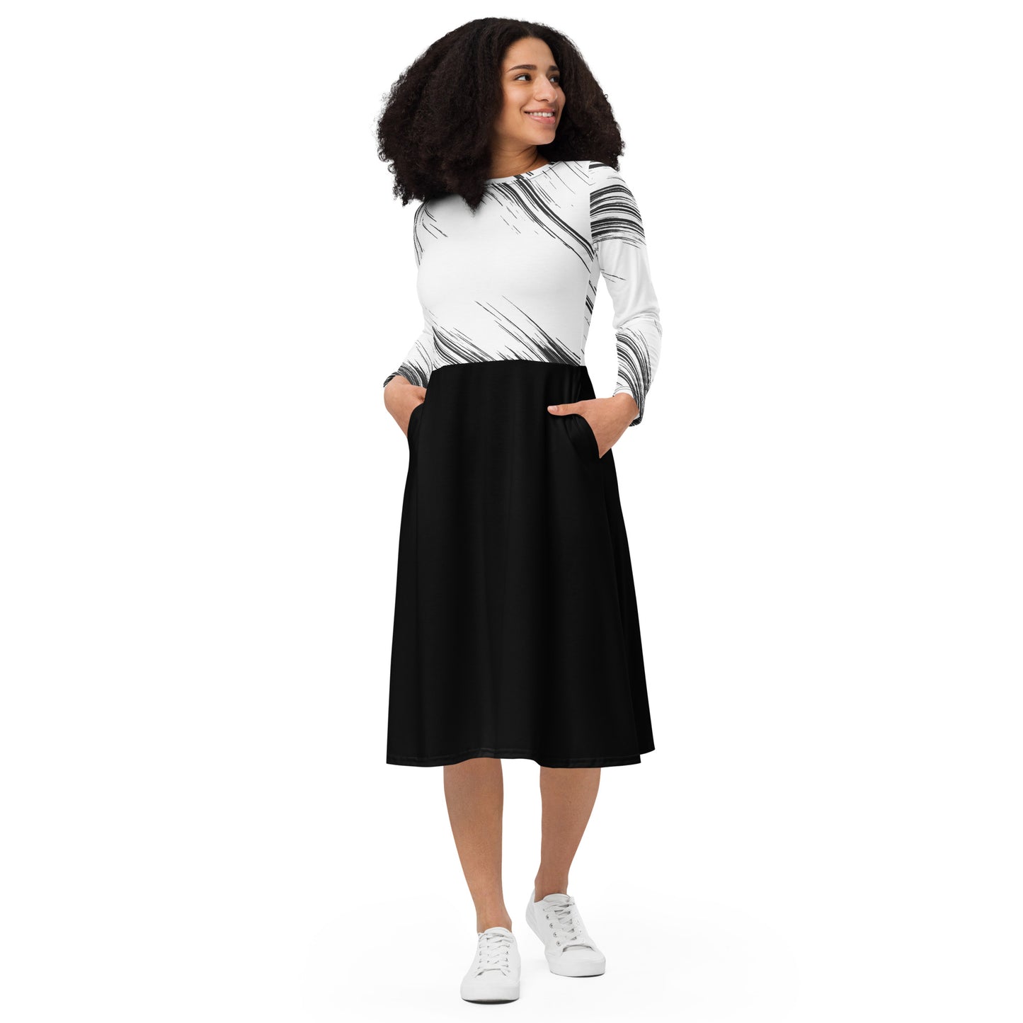 Black and white long sleeve midi dress