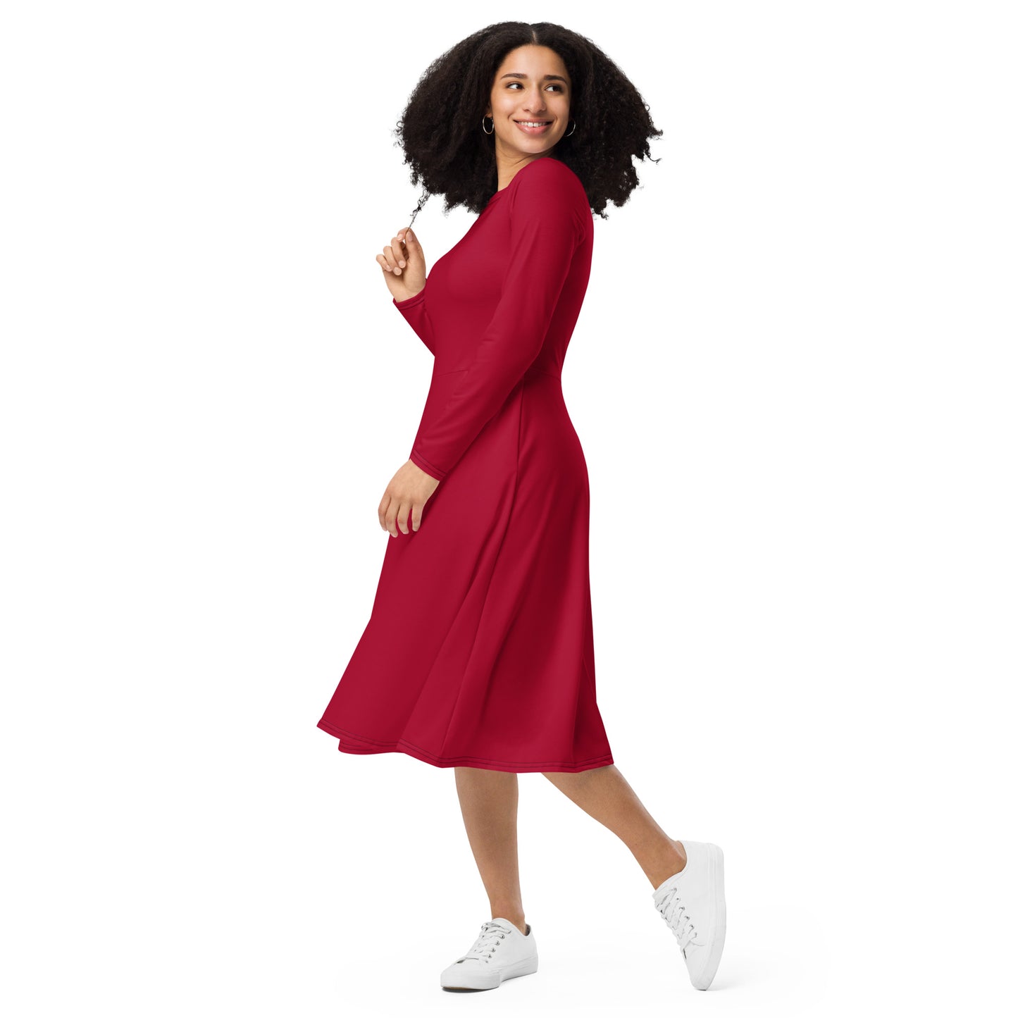 Carmine Red long sleeve midi dress