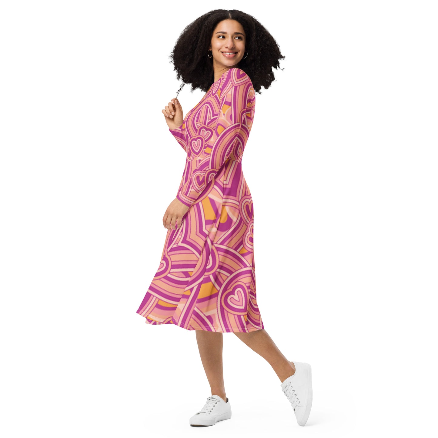 All-over Heart print long sleeve midi dress