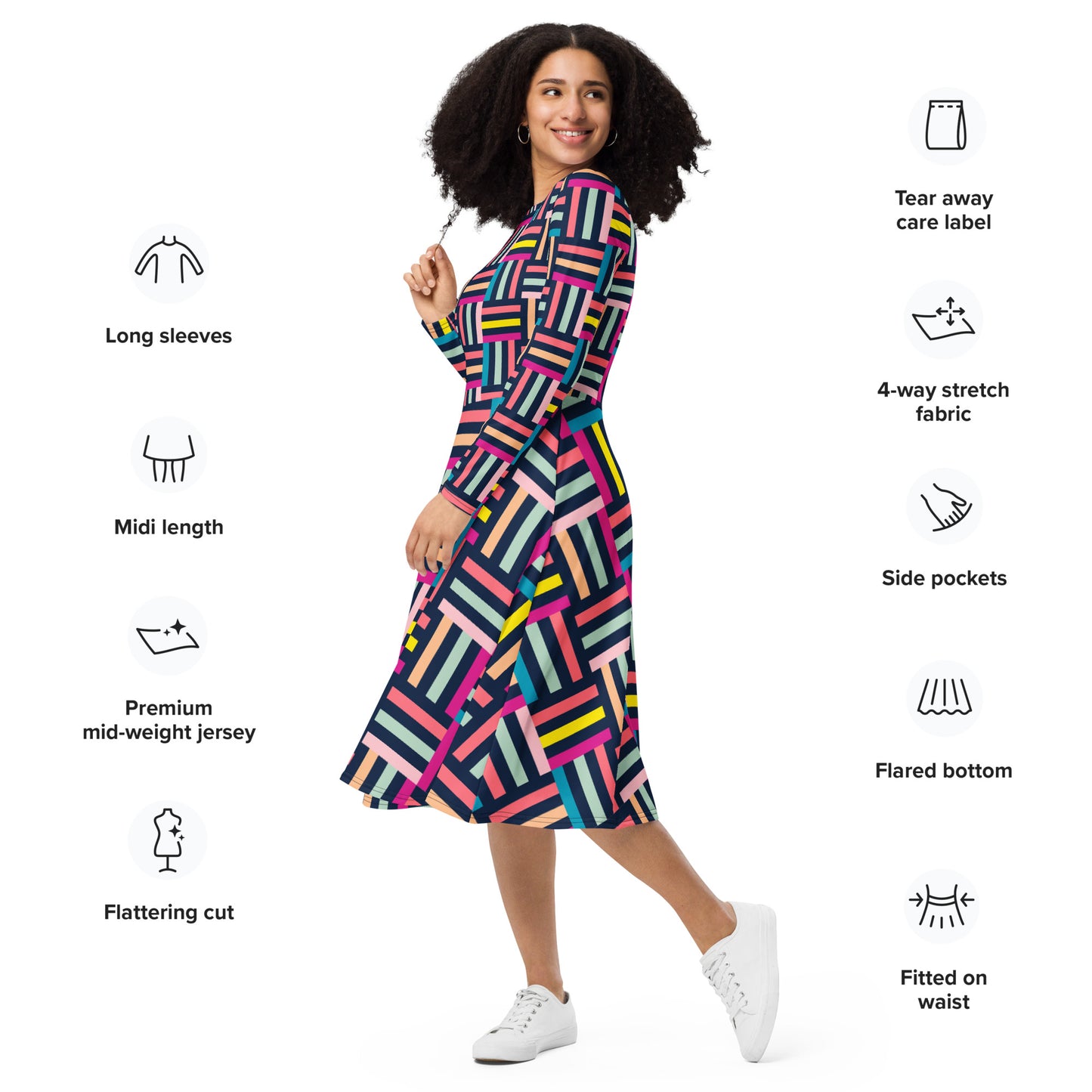 Colourful grid print long sleeve midi dress