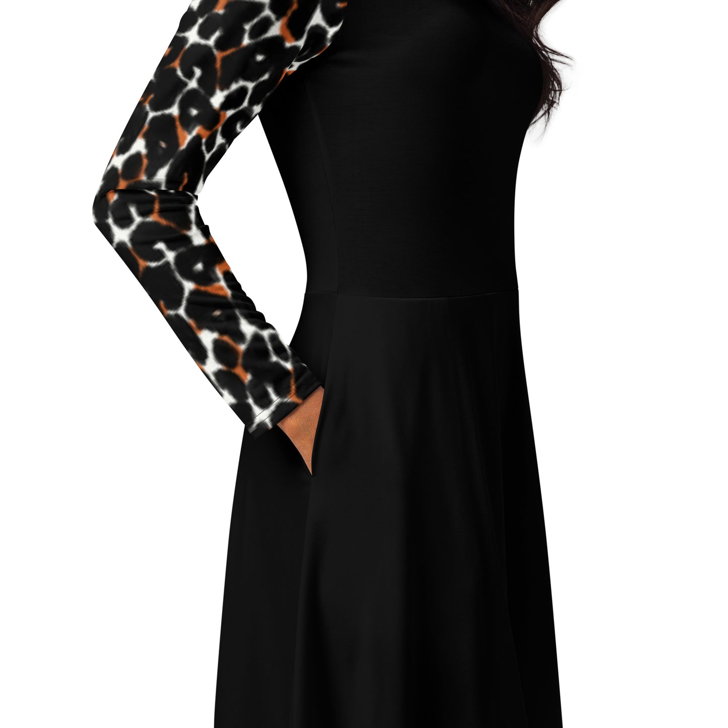 Black long sleeve leopard print midi dress