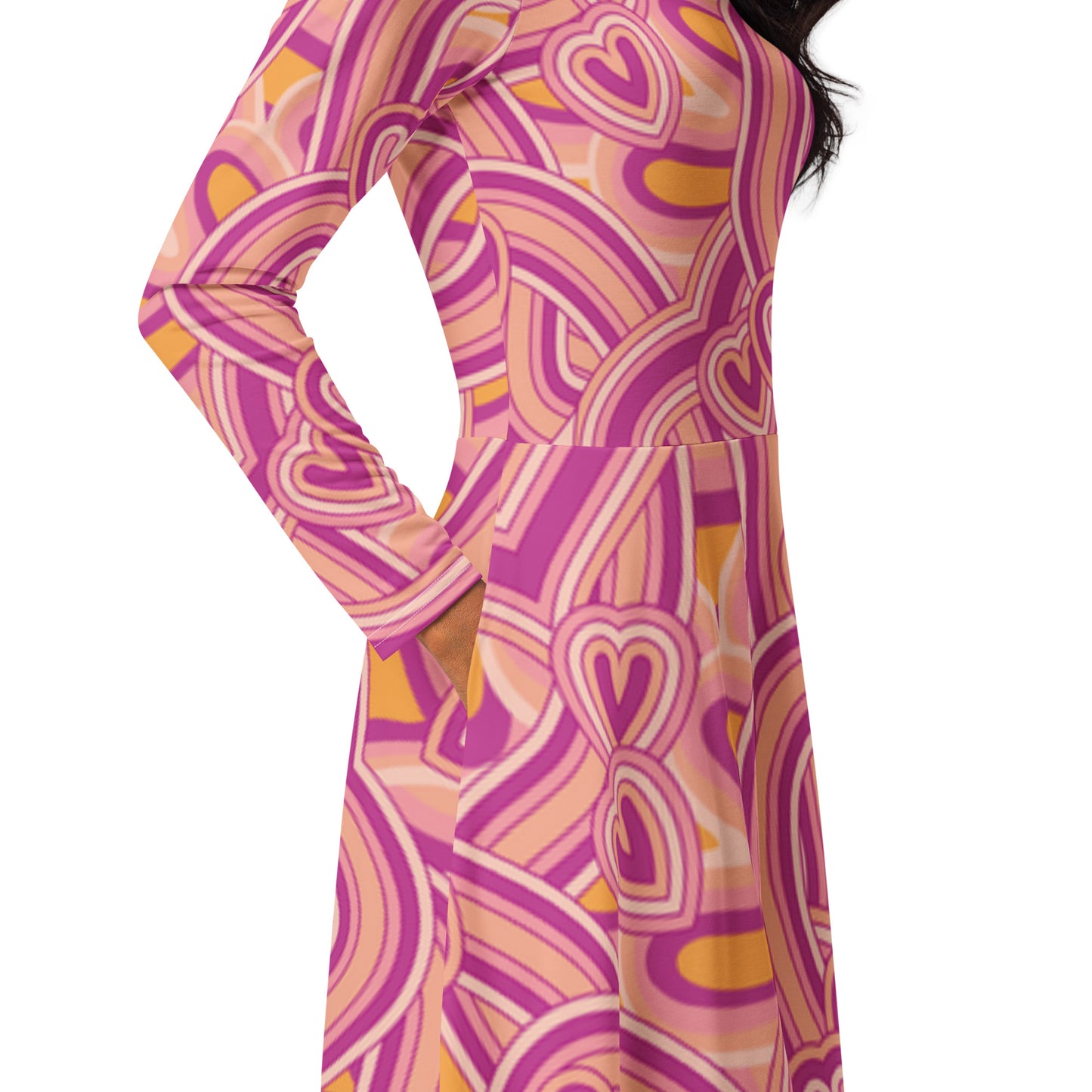 All-over Heart print long sleeve midi dress