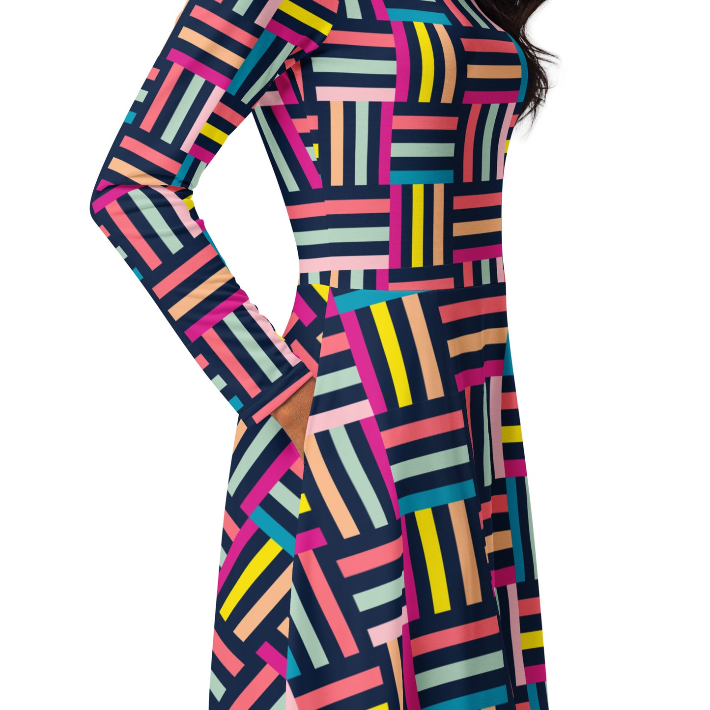 Colourful grid print long sleeve midi dress