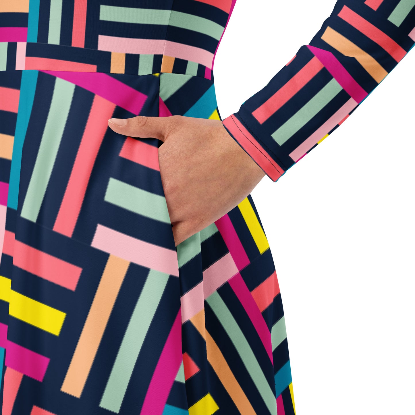 Colourful grid print long sleeve midi dress