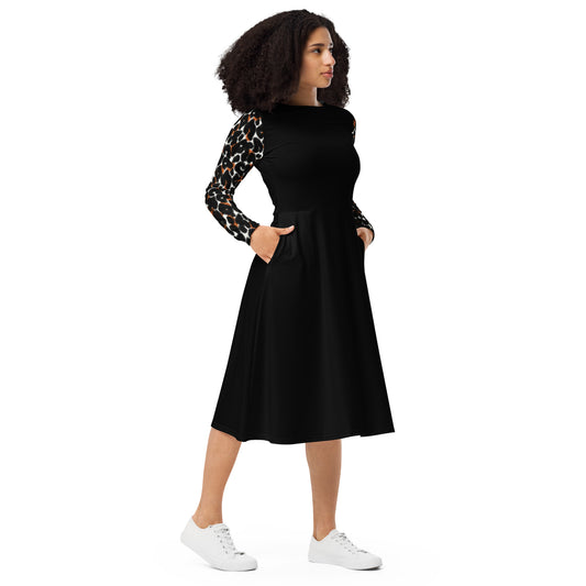 Black long sleeve leopard print midi dress