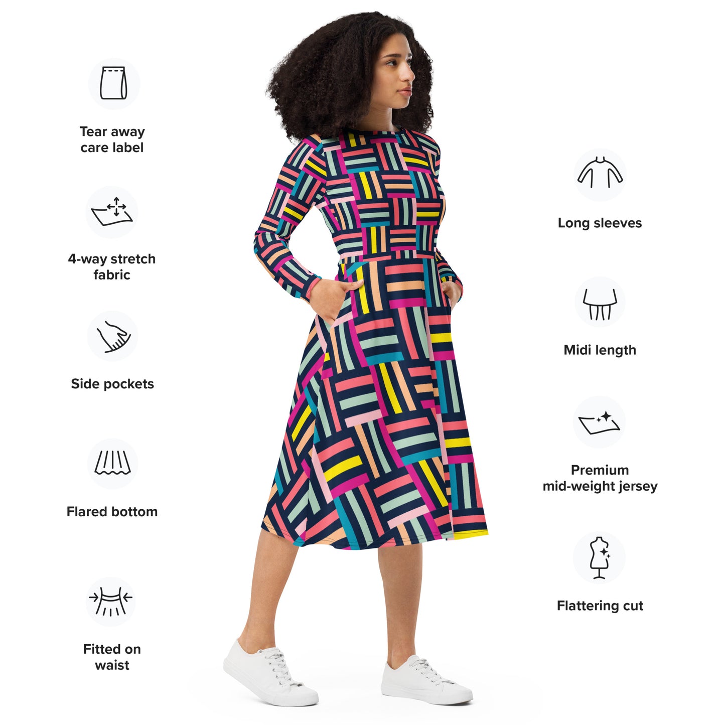 Colourful grid print long sleeve midi dress