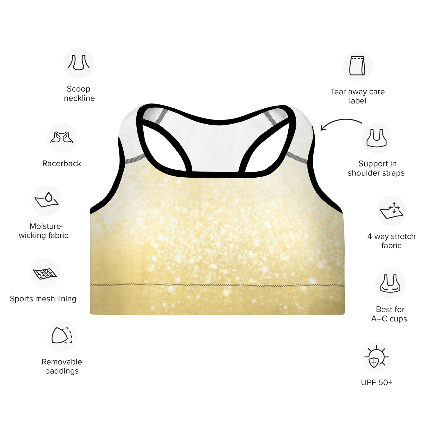 Gold and White Print Padded Sports Bra (black or white outline)