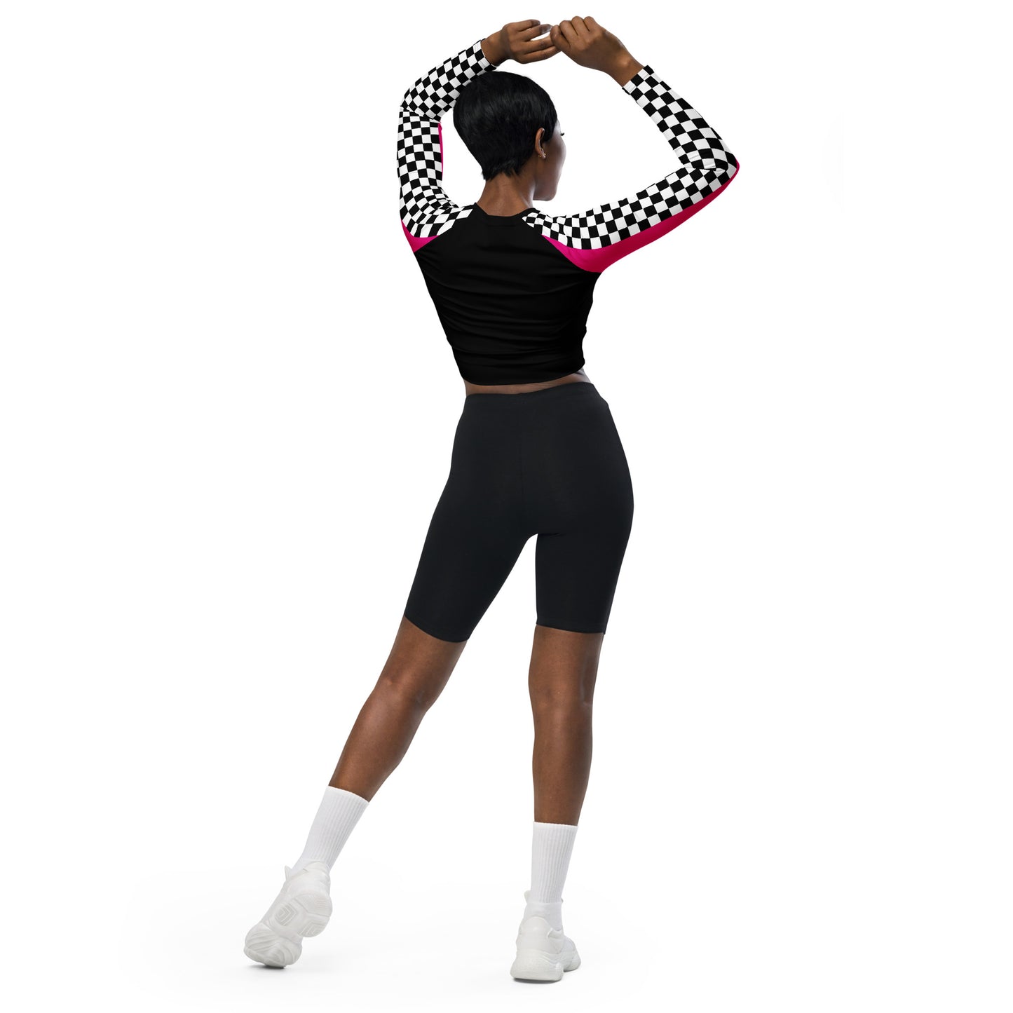 Recycled chequered and pink long-sleeve black crop top