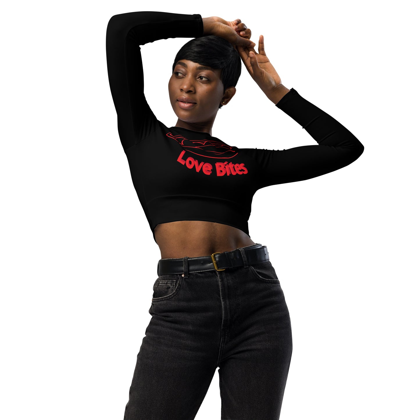 Recycled Black long-sleeve Love bites crop top