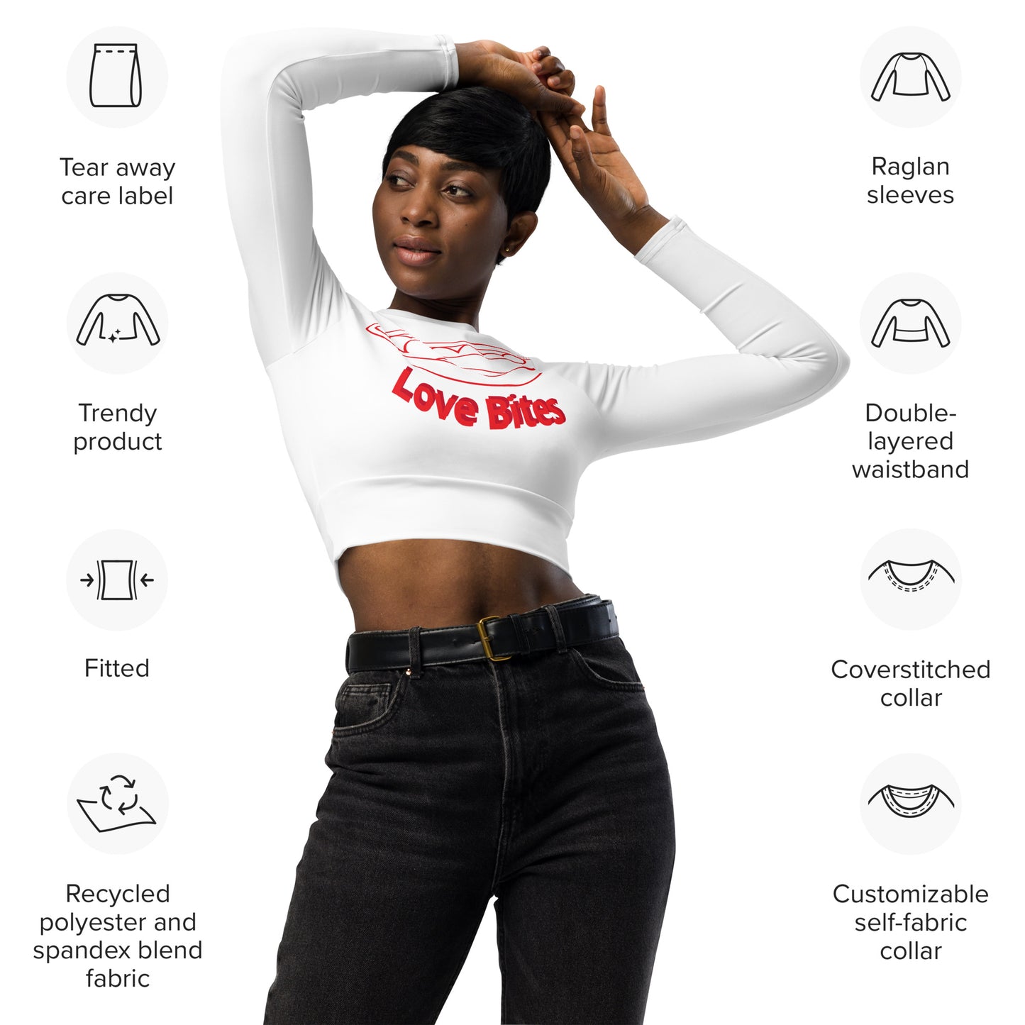 Recycled white long-sleeve Love bites crop top