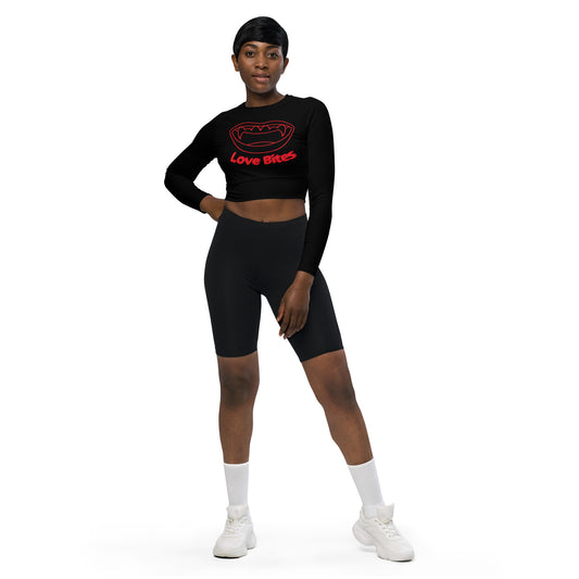 Recycled Black long-sleeve Love bites crop top