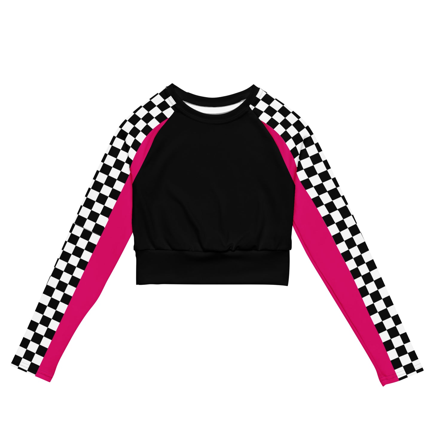 Recycled chequered and pink long-sleeve black crop top