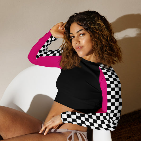 Recycled chequered and pink long-sleeve black crop top