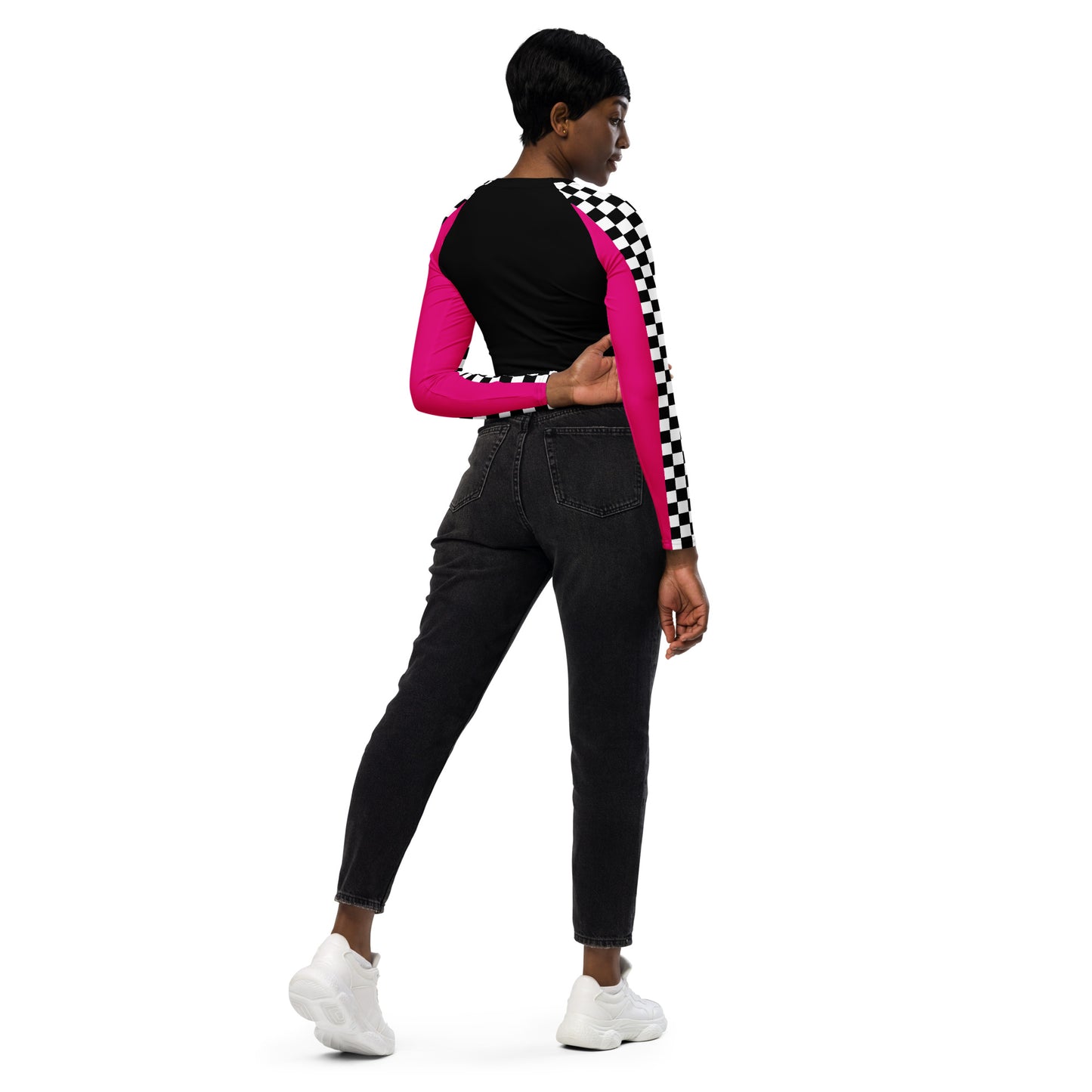 Recycled chequered and pink long-sleeve black crop top