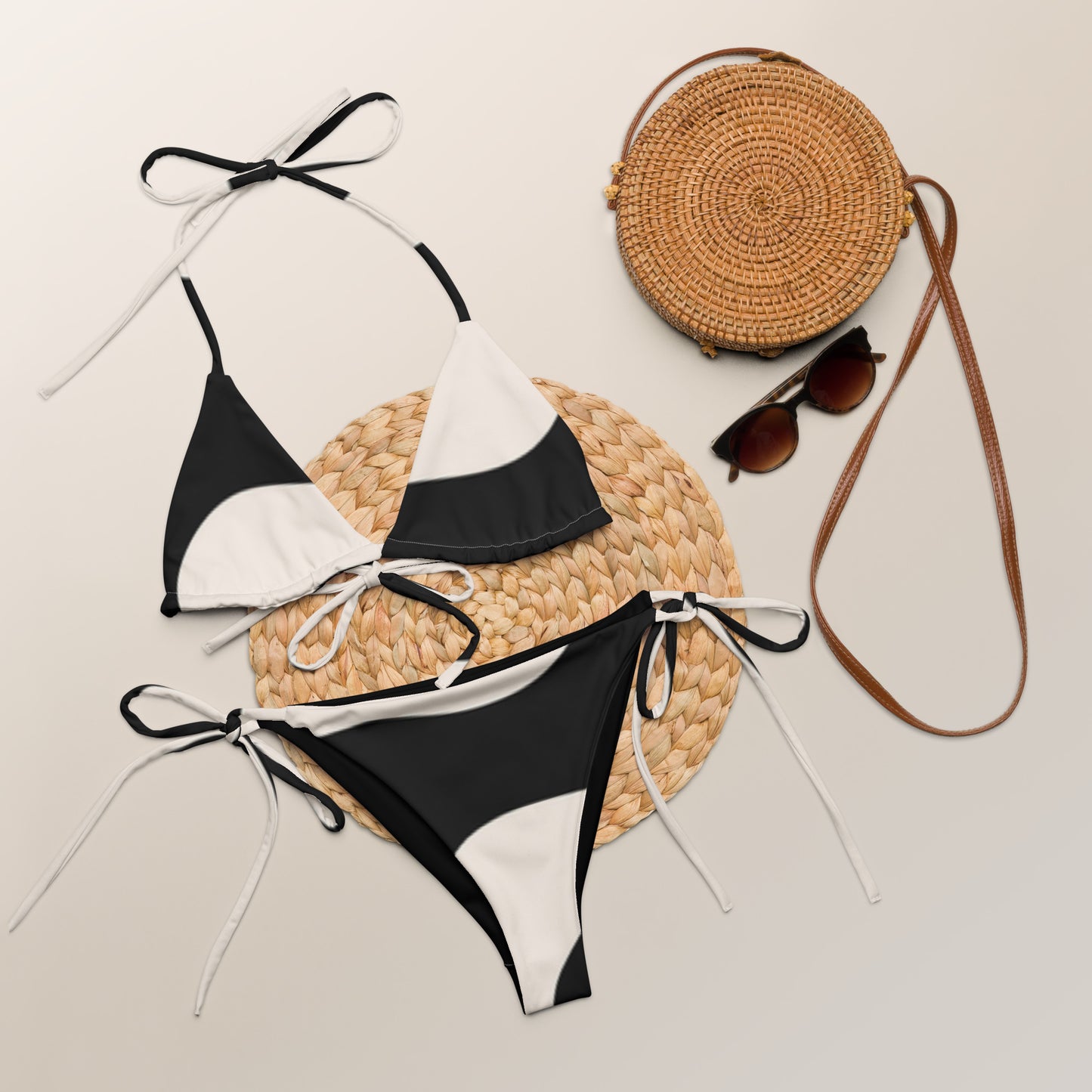 Black & Cream print recycled string bikini