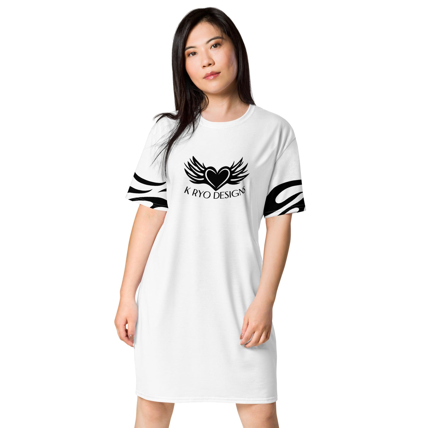 White T-shirt Dress with Heart Print