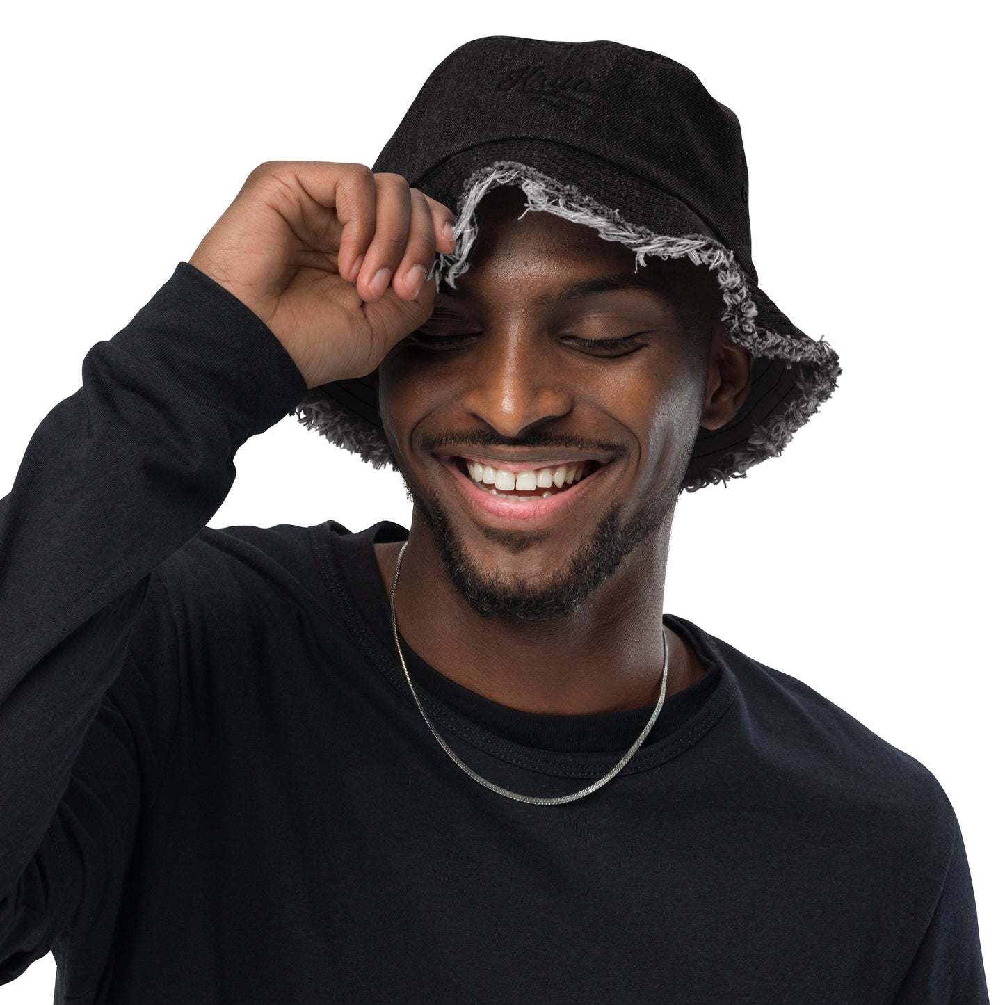 Distressed black denim bucket hat