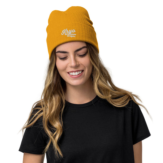 Ribbed knit beanie (Mustard/Beige)